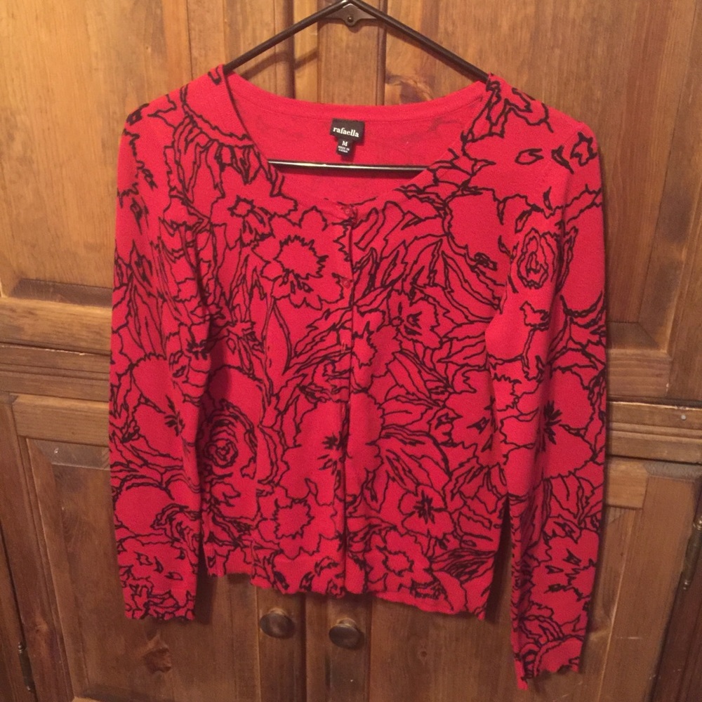 Rafaella Red Cardigan w Blk Etched Floral Print